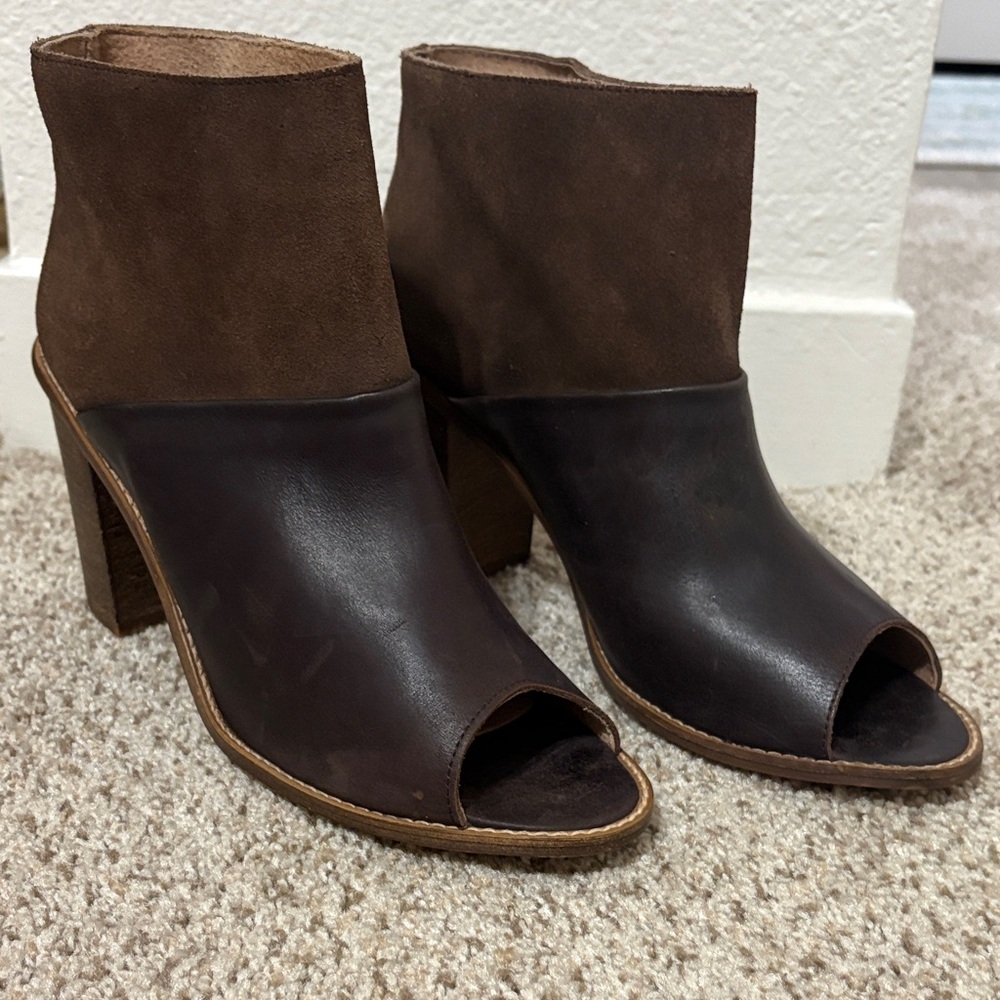 MTNG Brown Two-Tone Peep-Toe Suede & Leather Ankle Booties